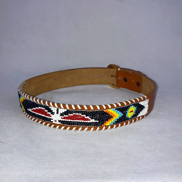 Native American Design Hand Beaded Leather Belt - Picture 1 of 6